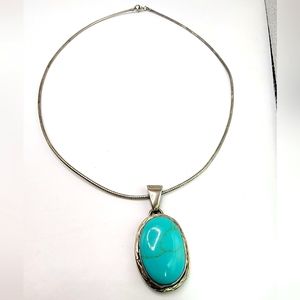 LARGE STERLING SILVER 925 MEXICO TURQUOISE PENDANT TORQUE NECKLACE (011NECK)